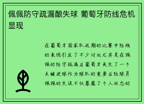 佩佩防守疏漏酿失球 葡萄牙防线危机显现
